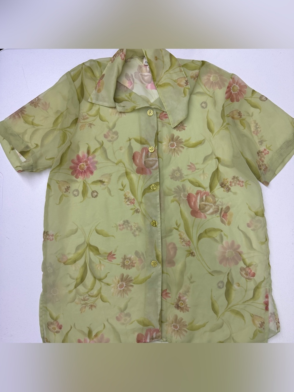 Dana Taylor Vintage Y2K Sheer Floral Blouse Women M Sage Green Button Up USA